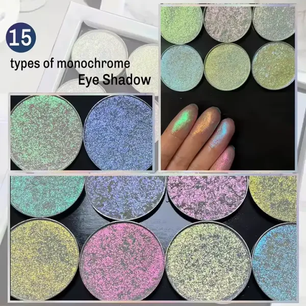 OEM 15 Colors Cosmetic Holographic Duochrome Glitter Pigment EyeShadow 36mm Pan Multichrome Chameleon Eyeshadow For Eye Makeup